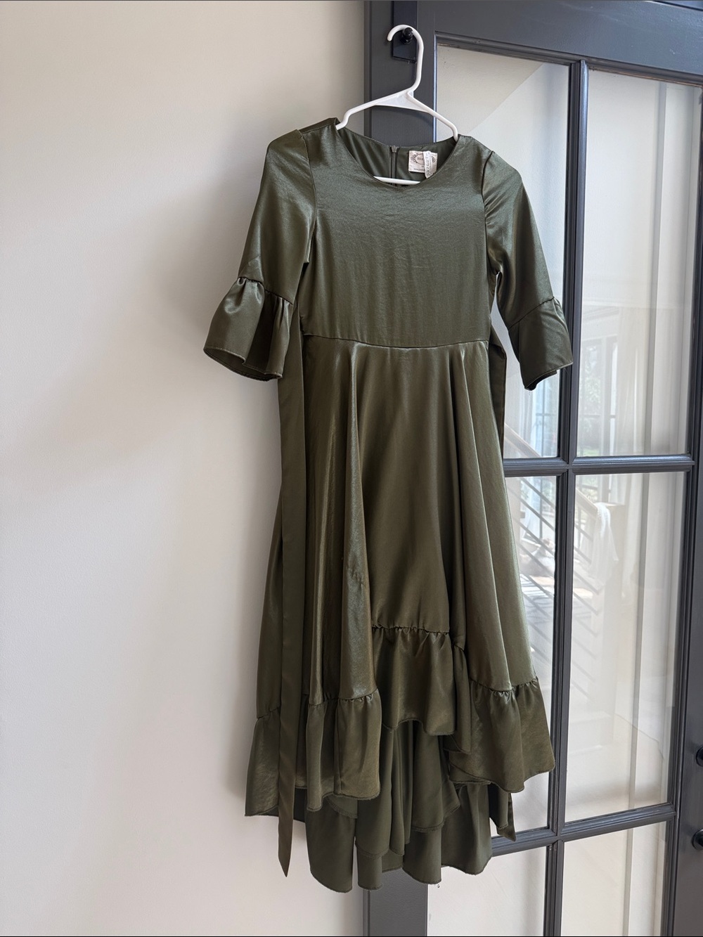 Joyfolie Olive Green High-Low Ruffle Satin Dress - Picture 3 of 4